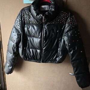 Adorable Black Puffer Jacket with Multi-color Rhinestones & Silver Studs